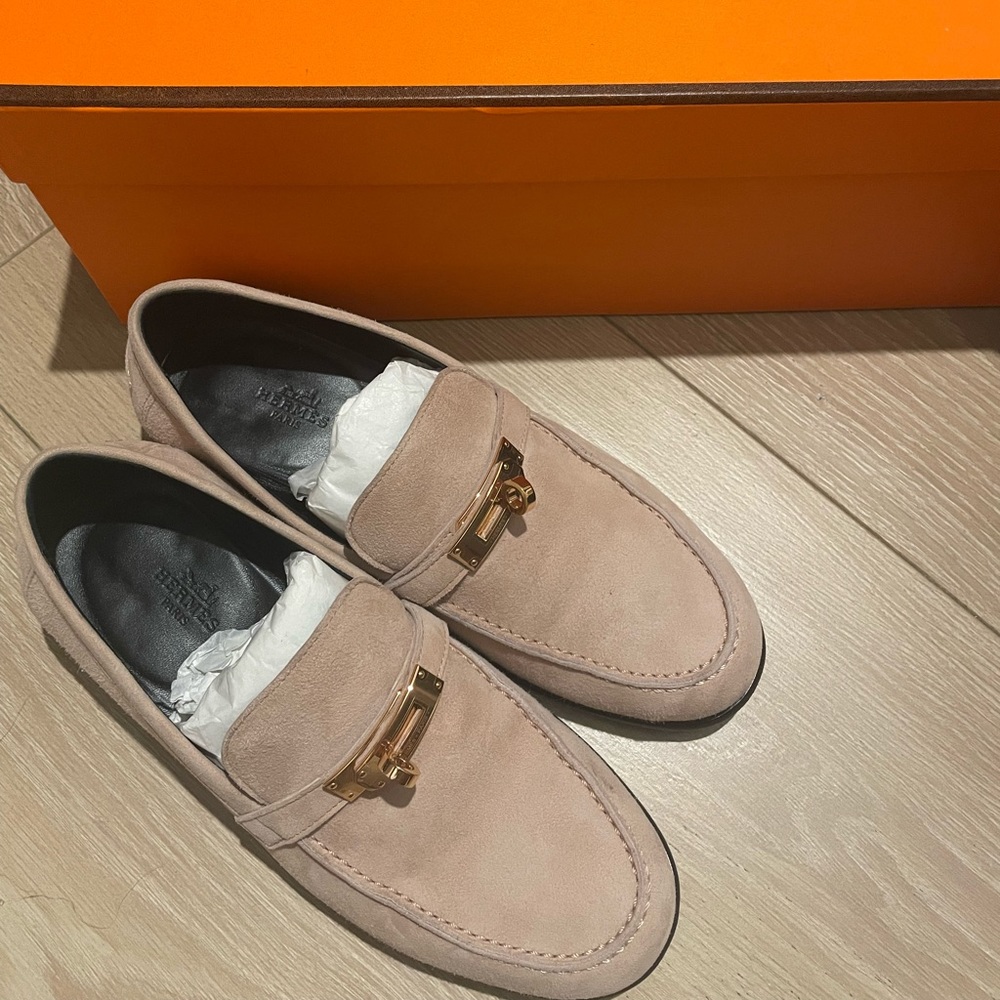 Hermes Kelly Light Pink Suede Loafer